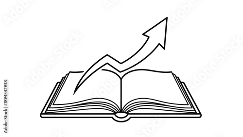 Simple black and white line art illustration depicts an open book with a jagged upward trending arrow emerging from its pages suggesting growth and knowledge acquisition.