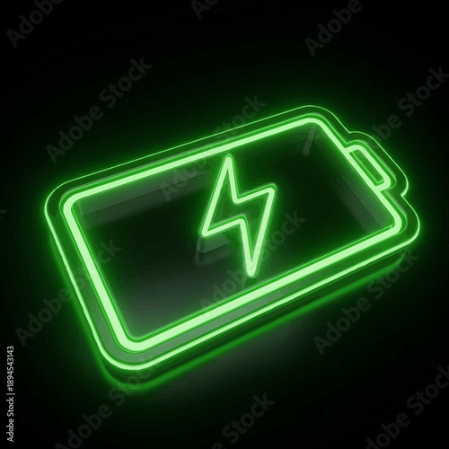Green neon smartphone battery icon with lightning bolt symbol