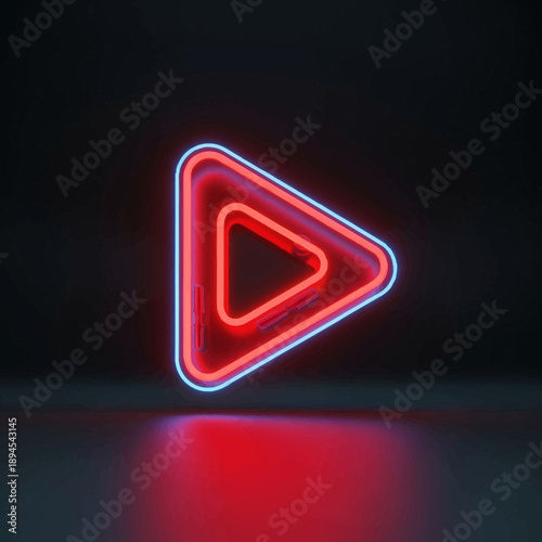Vibrant neon play button glowing brightly in dark space