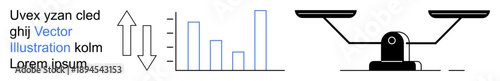 Data analytics, financial comparison, decision-making, business strategy, equality, statistical results . Features balance scale, bar chart arrows. Data analytics and financial comparison concept
