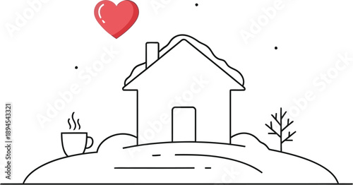 Minimalist line art icon depicting a cozy winter cabin scene featuring a steaming cup of coffee a small bare tree and a floating red heart symbolizing warmth and home comfort.