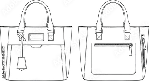 Women handbag technical flat sketch with front and back views, fashion accessory tote bag design outline illustration for production