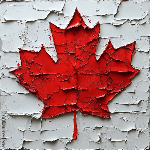 Textured Red Maple Leaf on White Impasto Paint Background Keywords: Canada, Canadian, maple leaf, red