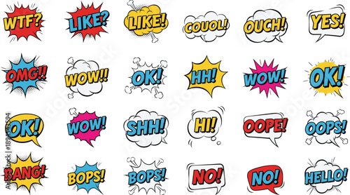 Comic speech bubbles collection with colorful pop art expressions and sound effects, cartoon stickers set for comics, messages, reactions