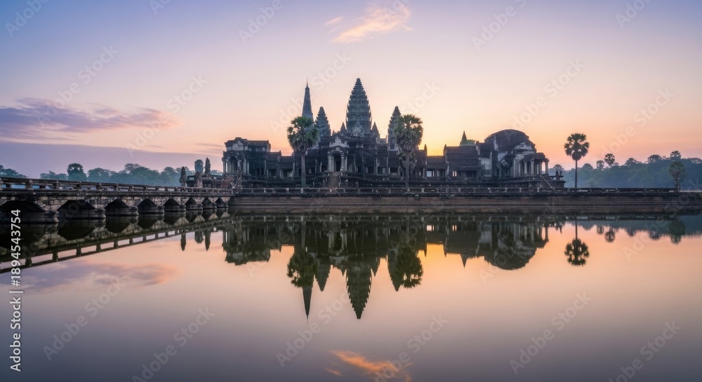 Fototapeta premium Ancient temple complex at serene sunset with reflection in calm water