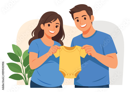 Modern illustration of a happy expectant couple depicting a baby onesie for pregnancy announcement and new parenthood