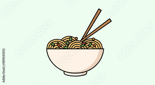 Bowl of noodles with chopsticks illustration.