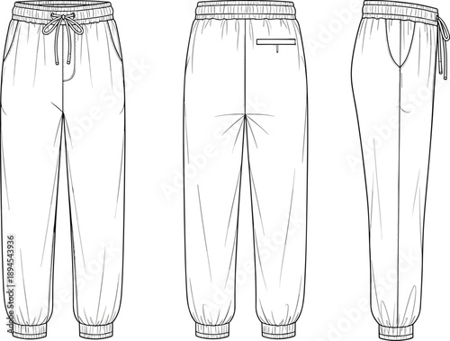 Men jogger pants technical flat sketch showing front back and side views, casual apparel fashion design outline illustration