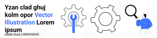 Wrench inside a gear, another gear alongside, person holding magnifying glass examining details. Ideal for innovation, teamwork, technical analysis, optimization, problem-solving, system maintenance