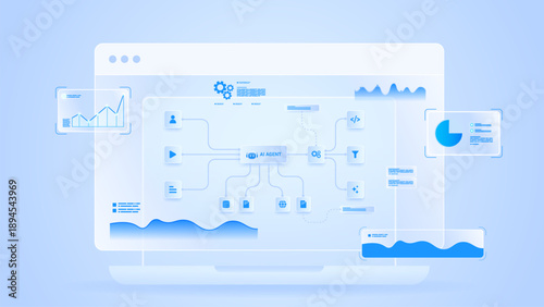 AI agent workflow automation concept. Artificial intelligence dashboard with data processing nodes, machine learning diagram, analytics panel and futuristic technology interface.