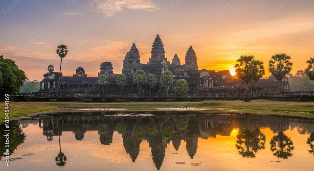Fototapeta premium Ancient temple complex at sunset with serene reflection in calm water