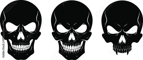 Skull head silhouette illustration set with scary horror gothic skeleton faces and dark spooky design elements
