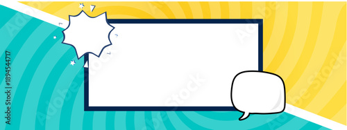 Pop art comic book background with yellow sunburst teal swirl and blank speech bubbles for text