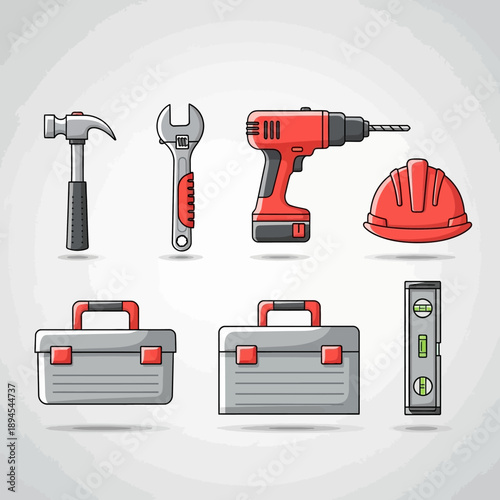 Construction and DIY Tool Icon Set: Hammer, Drill, Wrench, Safety Helmet, Toolbox, and Level Vector Illustration.