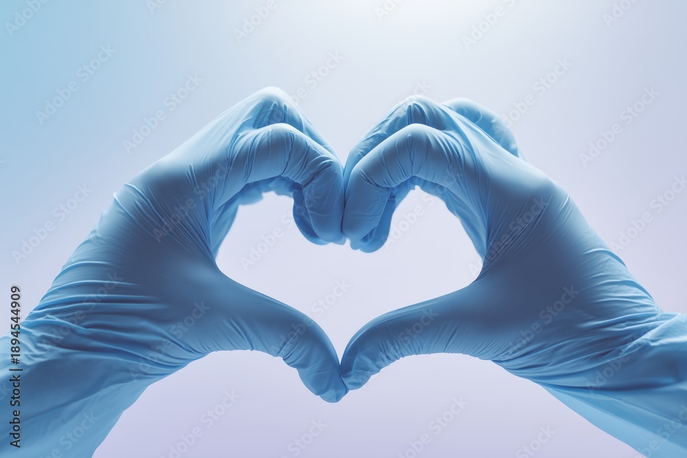 Obraz premium Healthcare professional wearing blue gloves forming a heart shape, symbolizing medical care and love