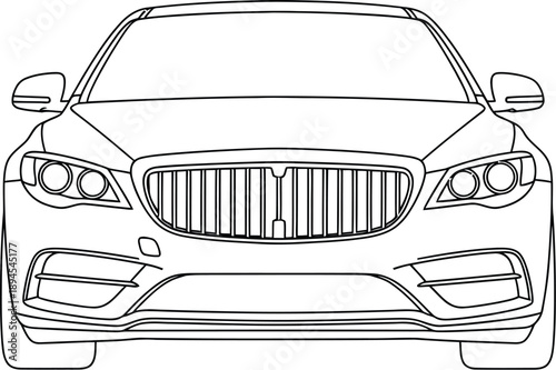 Outline drawing depicting the front view of a luxury sedan highlighting its distinctive grille and headlight configuration for automotive design concepts.