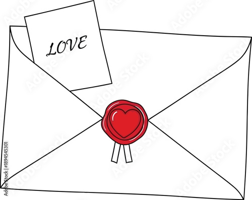 Simple black and white drawing of a sealed love letter with a small note peeking out the top featuring a heart shape