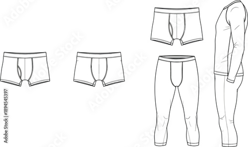 Technical fashion flat sketch of mens underwear boxers and leggings showing front back side views vector outline illustration