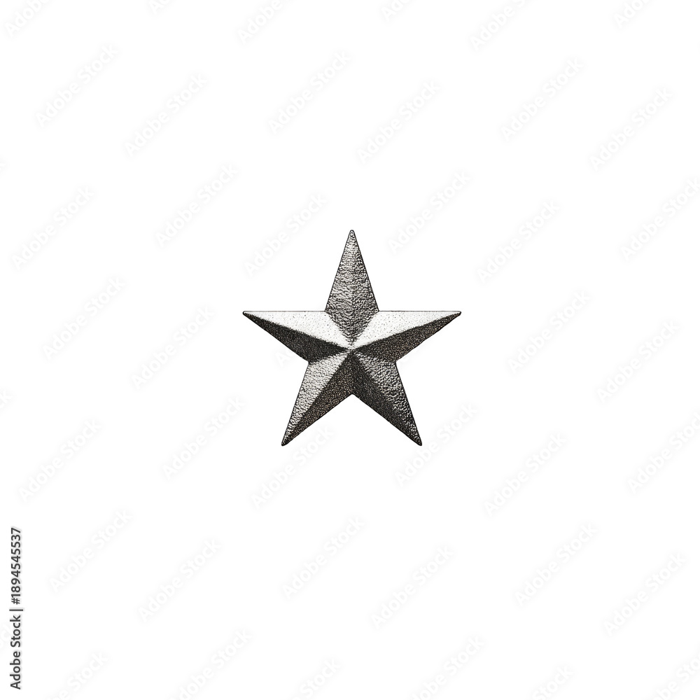 Fototapeta premium Metallic, five-pointed star icon, rendered in realistic style, set against a plain black background