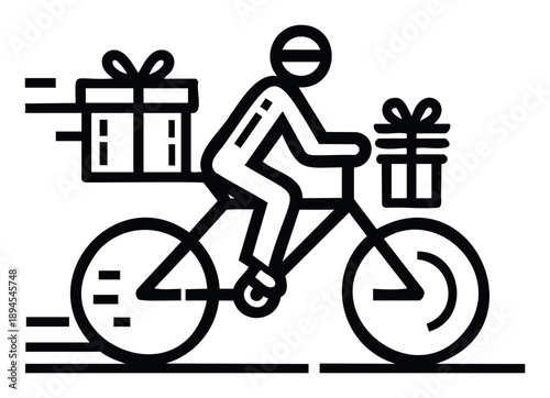 A dynamic icon of a person delivering gift packages on a bicycle, ideal for illustrating fast delivery services, online shopping, holiday shipping, and special occasion transportation.