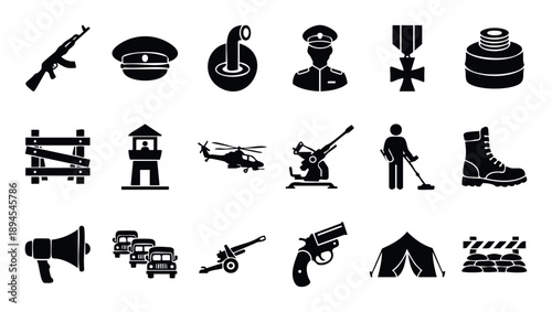Comprehensive collection of military and warrelated graphic icons for use in various defense, army, and tactical graphic design projects, presentations, and applications