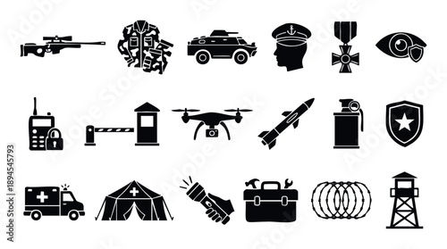 A comprehensive collection of military and security defense related equipment icons including weapons, vehicles, surveillance tools, and emergency services for various applications