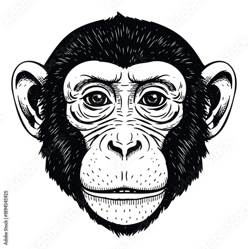 Detailed black and white chimpanzee head drawing, perfect for wildlife educational materials, zoo themed merchandise, or natural history documentary visuals.