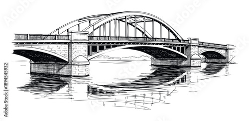 Dynamic hand drawn sketch of a large arched bridge spanning over tranquil water, ideal for travel brochures, architectural presentations, or historical documentation projects