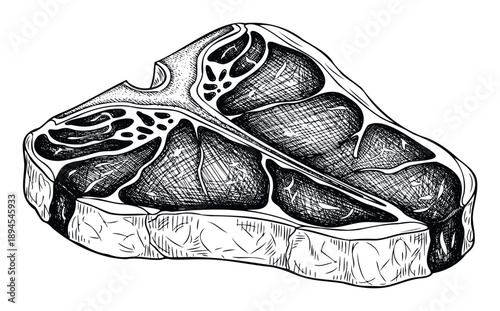 A detailed Tbone steak showing prime beef cuts for use in butcher shop signage, restaurant menus, cooking tutorials, and foodrelated branding materials