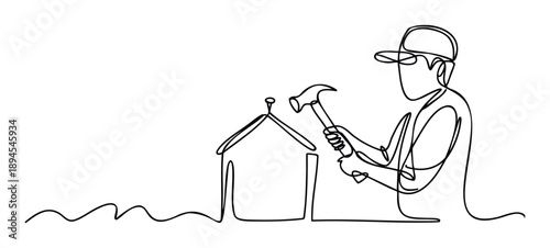 Simple continuous line drawing depicting a worker constructing or renovating a home with a hammer and nail, ideal for housing, real estate, or construction industry marketing materials