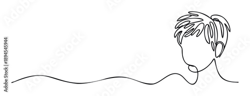Minimalist continuous line drawing of a human head and shoulders with wavy hair, suitable for modern graphic projects, profile pictures, or abstract visual communication.