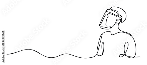 Abstract continuous line drawing portraying a person wearing a transparent face shield, perfect for illustrating health safety protocols and protective measures in various contexts