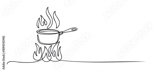 Continuous line drawing of a saucepan being heated by fire, with flames emerging, perfect for culinary and kitchenthemed graphic projects and minimalist recipe designs