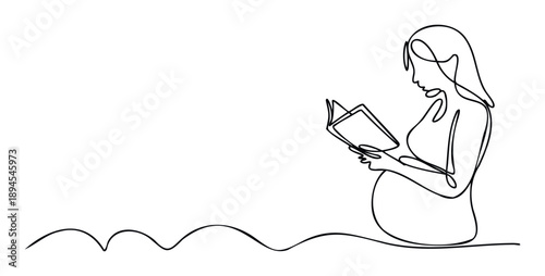 A continuous line drawing of a pregnant woman reading a book, symbolizing maternal education and prenatal wellness, perfect for health publications or family planning resources.