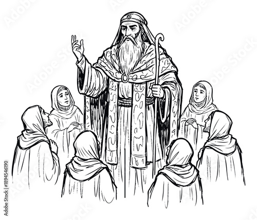 Wise elder addressing a group of attentive followers, delivering a sermon or imparting wisdom, perfect for religious studies and historical narratives