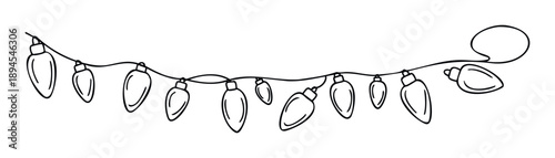 Simple black and white doodle line drawing of a string of holiday light bulbs featuring a unique speech bubble element ideal for seasonal social media posts and greeting card designs