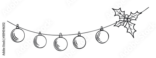 Outline drawing of a Christmas garland featuring five hanging baubles and a festive holly sprig, ideal for holiday season decorations, greeting cards, or winter celebration invitations.