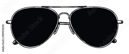 Stylish aviator sunglasses drawing with solid black lenses and a bold frame outline provides a cool accessory graphic for summer fashion themes and travel advertisements