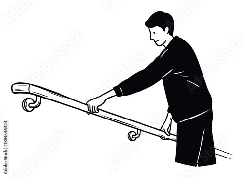 A smiling man confidently holding onto a sturdy handrail while navigating stairs, useful for conveying safety, accessibility, and a positive user experience in public or private spaces.