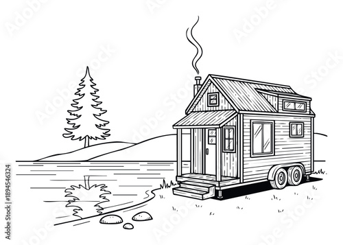 Charming tiny house on wheels beside a serene lake with a towering pine tree, representing a minimalist lifestyle and perfect for inspiring vacation brochures or home living publications.
