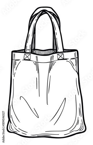 Hand drawn outline of an eco friendly reusable fabric shopping bag, perfect for merchandise print, sustainable packaging concepts, and graphic material creation.