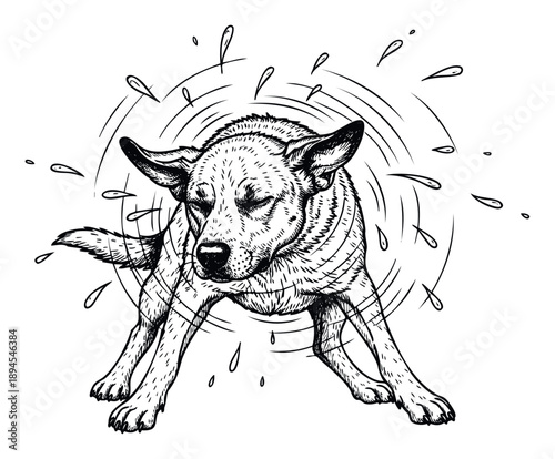 Dynamic dog shaking off water, creating an energetic splash with droplets and motion lines, perfect for pet care promotions or lively animal welfare campaign materials.