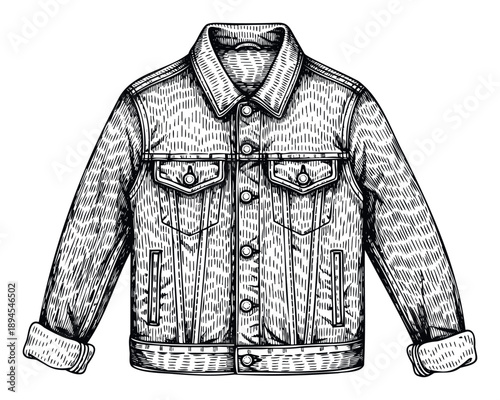 Hand drawn black and white engraved style classic denim jacket apparel, perfect for historical clothing studies, casual fashion graphics, or textile industry applications.