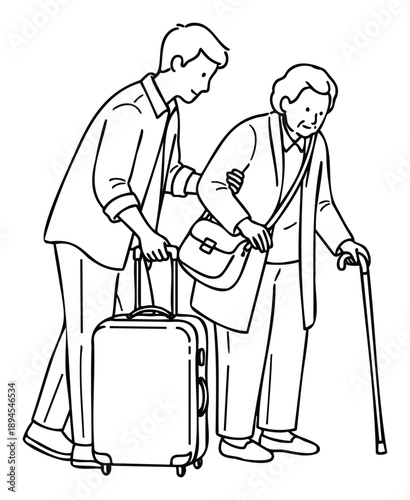 Young man assisting an elderly woman with her luggage and walking stick, showcasing compassionate travel support and intergenerational care for healthcare and familyoriented campaigns.