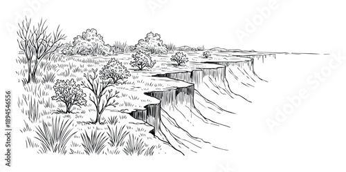 Hand drawn black and white canyon landscape featuring steep cliff formations with a plateau of sparse vegetation and a distant horizon line for educational materials or adventure travel