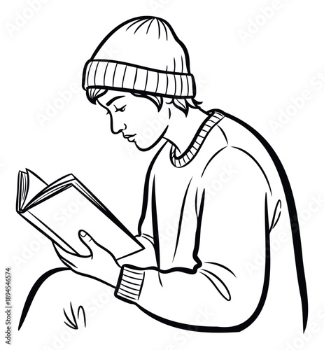 Young person wearing a cozy beanie and sweater engrossed in reading a book, suitable for educational content, study themes, literacy promotions, and quiet contemplation concepts.