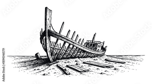 Abandoned wooden shipwreck frame rests on a sandy beach, evoking nautical history and maritime decay, suitable for historical publications or adventure themes.