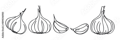 Simple line drawing of various garlic bulbs and cloves, ideal for food packaging, recipe books, kitchen decor, or culinary blog graphics and restaurant menus.