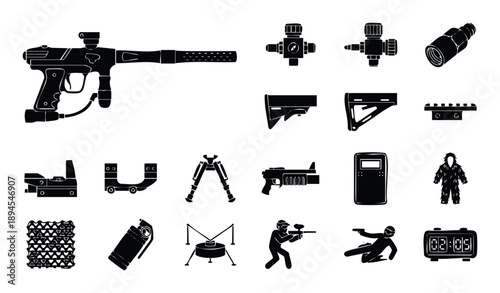 Comprehensive collection of paintball equipment and dynamic player action silhouettes, ideal for sports event promotions, team branding, and game asset creation