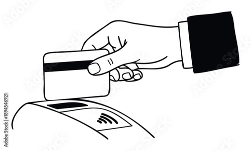 Hand inserting a payment credit card into a point of sale terminal, depicting modern retail transactions and electronic financial processing for various business and banking communication